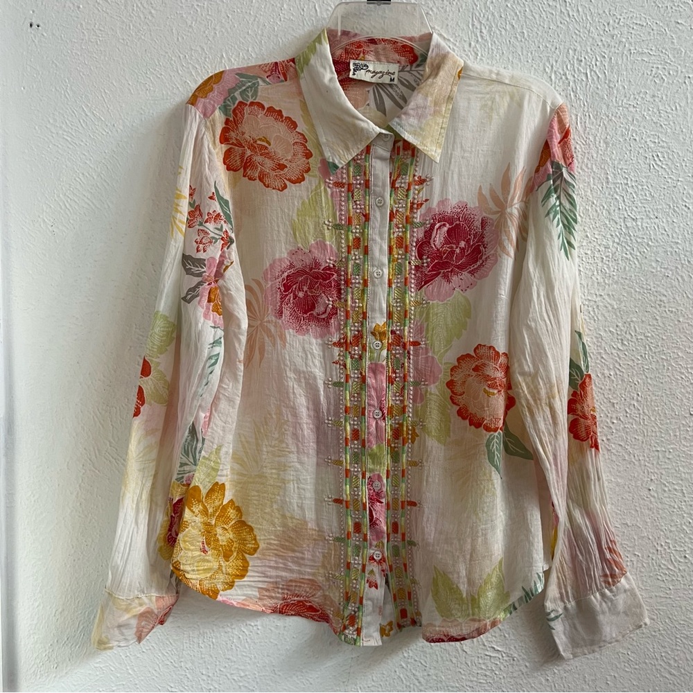 Magazine pink floral cream button up embroidered blouse